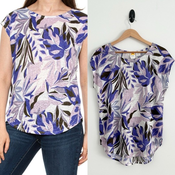C & C California Tops - C & C California Large Purple Multicolor 100% Linen Short Cap Sleeves Top NWOT